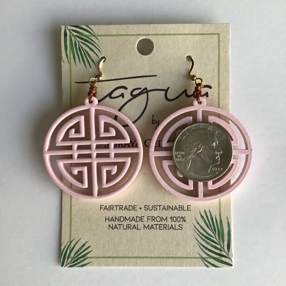 NEW Medallion Earrings Asian-Style Pink Lacquer Open Work Tagua Nut Lightweight - Picture 9 of 14